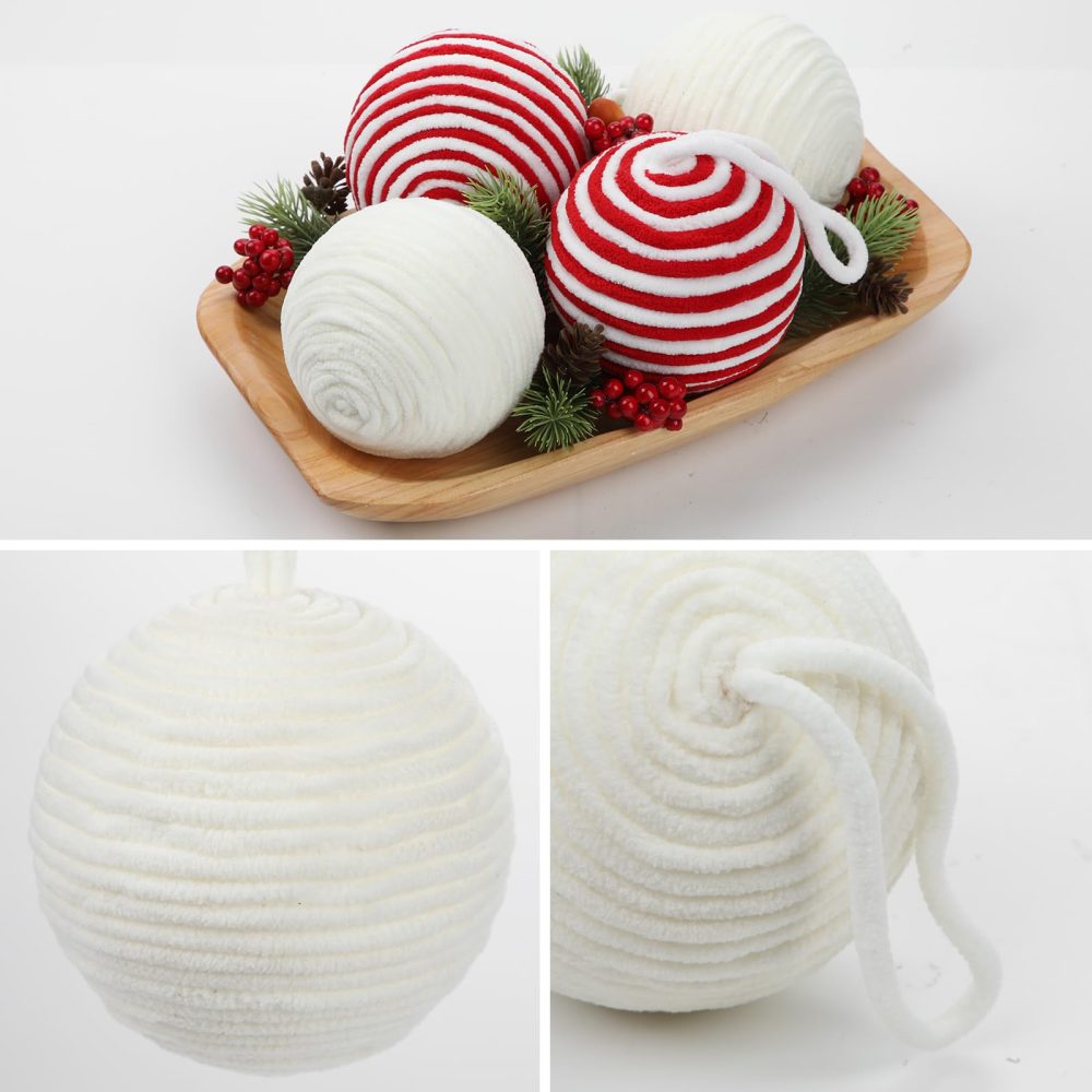 Oairse 10cm White Christmas Ornament Balls, 6PCS Large Decorative Yarn Balls Christmas Baubles Ornament for Christmas Tree Decorations Xmas Halloween Holiday Party Table Centrepiece Decor - Image 2