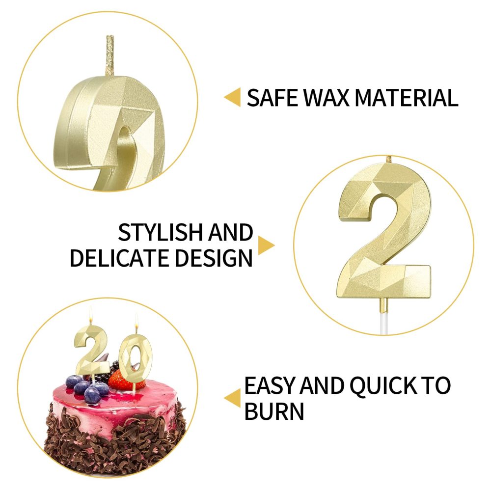 20th Birthday Candles, 20th Birthday Cake Number Candles, Gold 3D Happy Birthday Cake Topper Decorations Candles, for Birthday Party Wedding Anniversary Celebration Decorations Candles - Image 6