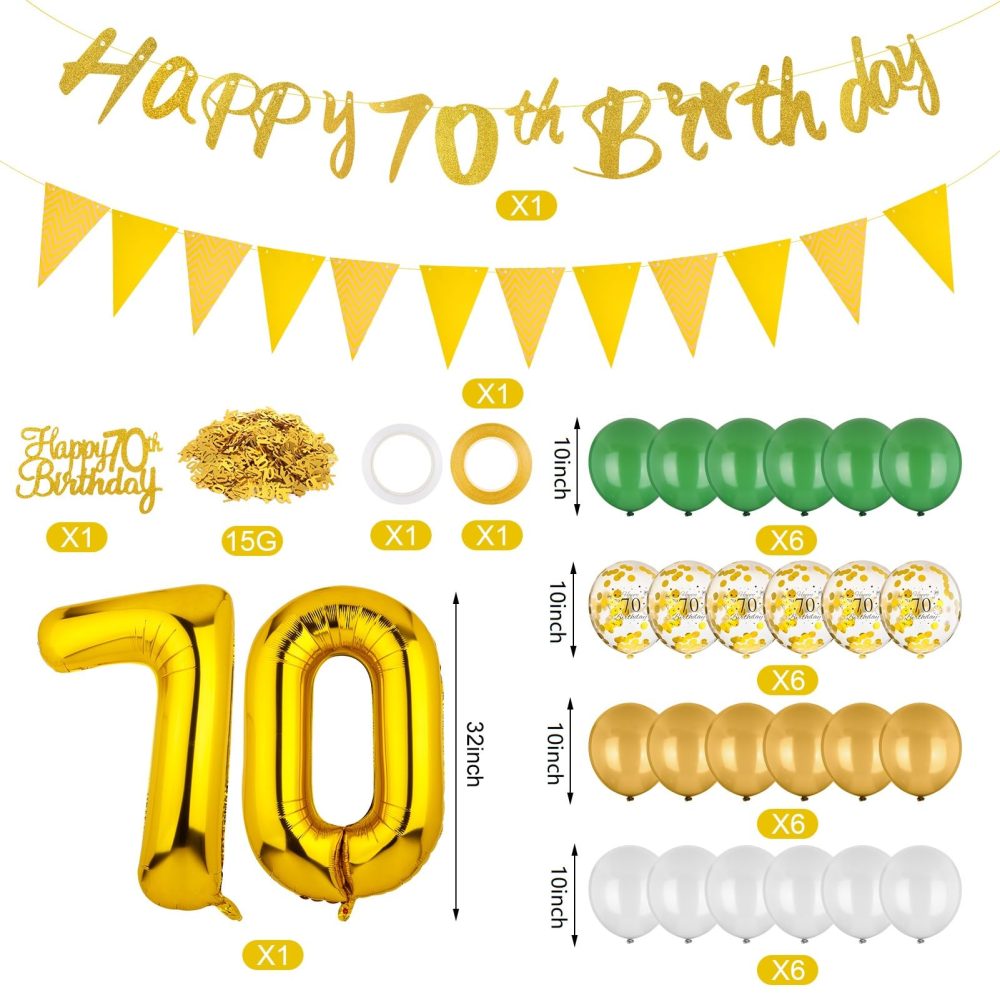GSrenyu 70th birthday decorations, Gold and Green Birthday Party Decorations Set With Happy 70th Birthday Banner, Number 70 Balloon Triangle Flag Latex Balloons Confetti Cake Topper for Men Women 70th - Image 6