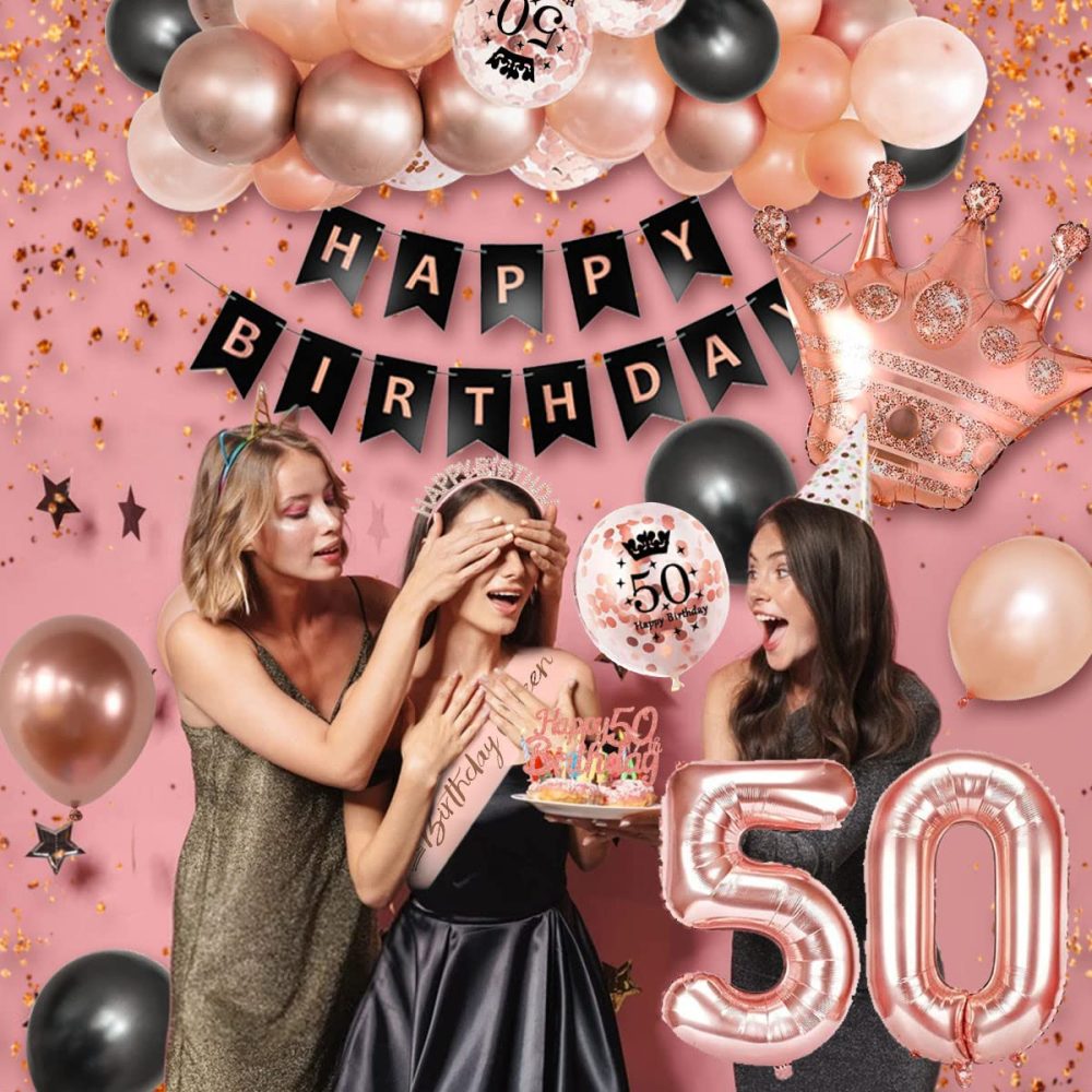 SWPEED 50th Birthday Decorations Women, Rose Gold Black Decorations Set 50th Balloons Happy Birthday Banner Garland Confetti Balloon Girls Women Birthday Decorations 50th Party Decoration Supplies - Image 5