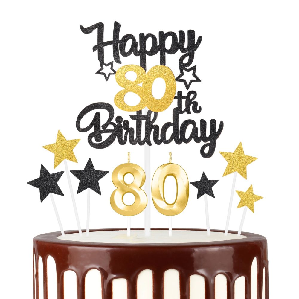 Black Gold 80th Happy Birthday Candles Cake Toppers Set, Number 80 Candle for Cake, Gold Candles for Women Men Birthday Decorations, Star Cake Toppers for Girls Boys Birthday Party Wedding Anniversary