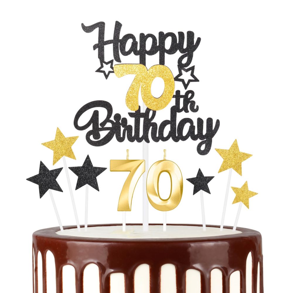 Black Gold 70th Happy Birthday Candles Cake Toppers Set, Number 70 Candle for Cake, Gold Candles for Women Men Birthday Decorations, Star Cake Toppers for Girls Boys Birthday Party Wedding Anniversary
