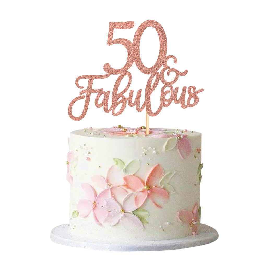 Blumomon 3 Pack 50 & Fabulous Cake Topper Rose Gold Glitter Cheers to Happy 50th Birthday Cake Toppers Fifty and Fabulous Cake Pick Decorations for 50th Wedding Anniversary Birthday Party Supplies