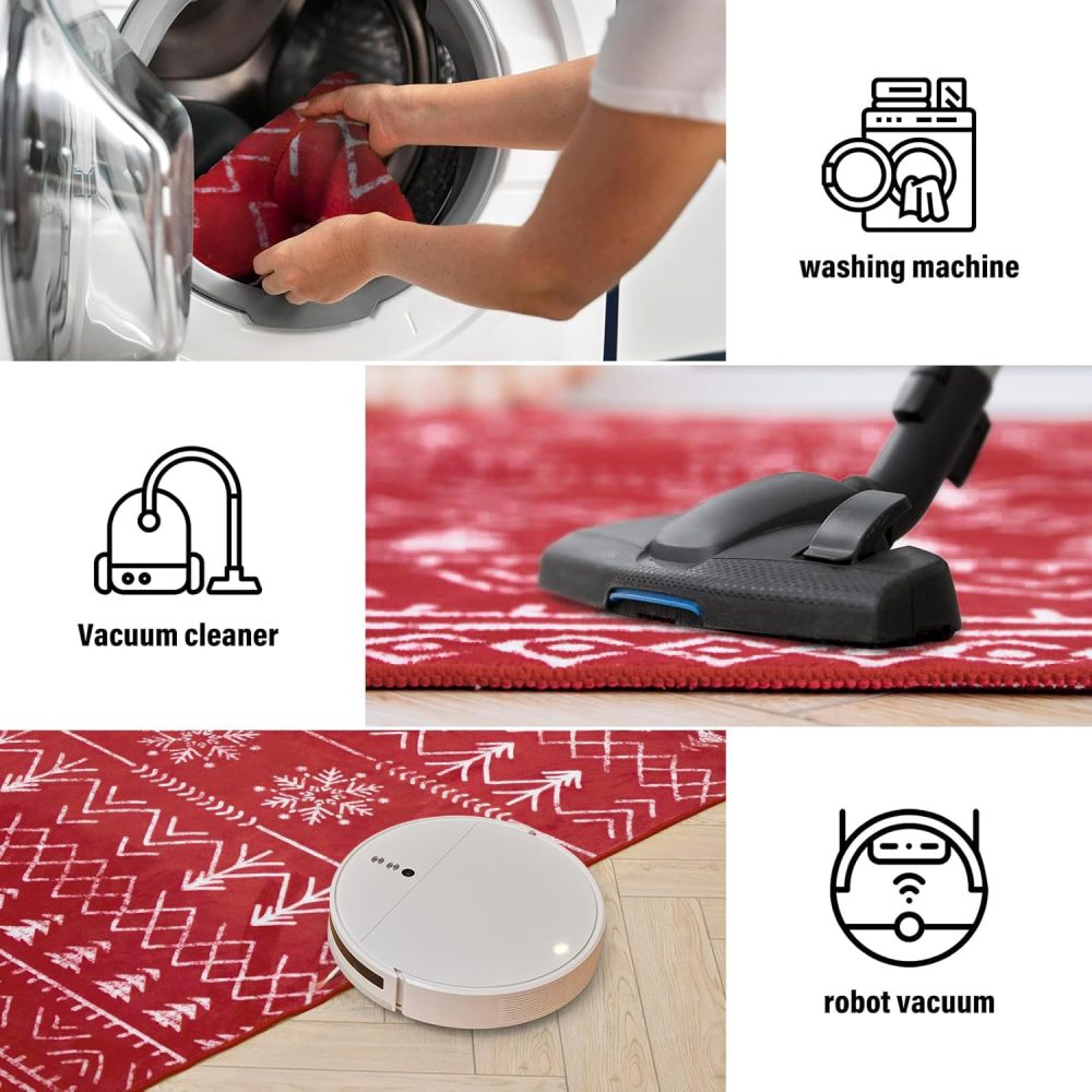 Carvapet Christmas Runner Rug for Hallway 60x300cm Soft Long Floor Carpet Runner Non Slip Washable Microfiber Snowflake Xmas Red Area Rug for Entryway Corridor Kitchen Laundry Room - Image 2
