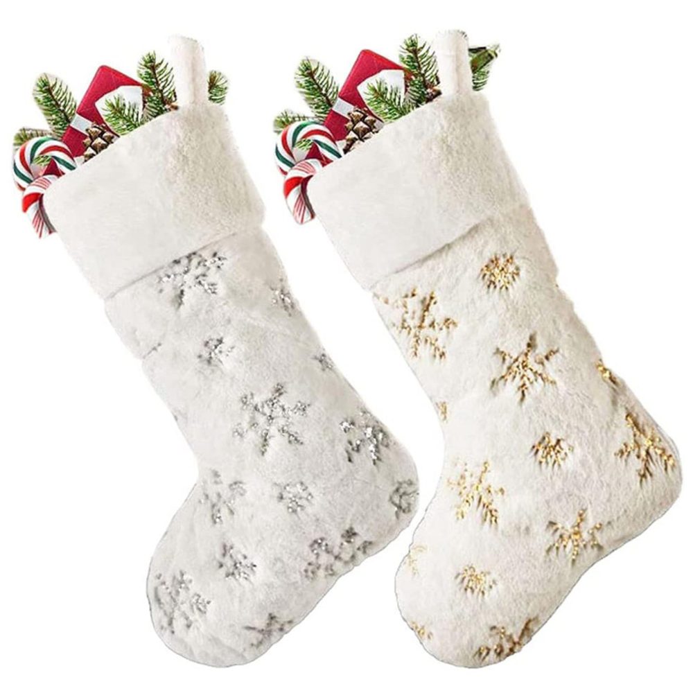Christmas Stockings 2 Pack Xmas Hanging Stockings White Plush Xmas Stockings Gold Snowflake Decoration Stockings for Christmas Tree Decoration Santa Home Fireplace Family Friend Gift - Image 2