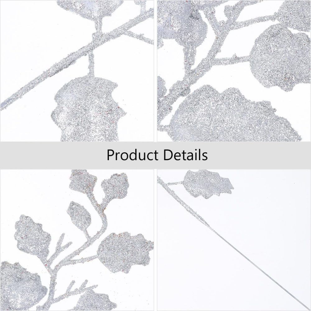 NUOBESTY 10Pcs Chinese Glitter Leaves Picks Sprays Artificial Holly Leaves Picks Stems Wired Twig Stem Fake Bunch for DIY Garland Holiday Wreath Ornament (Silver) - Image 8