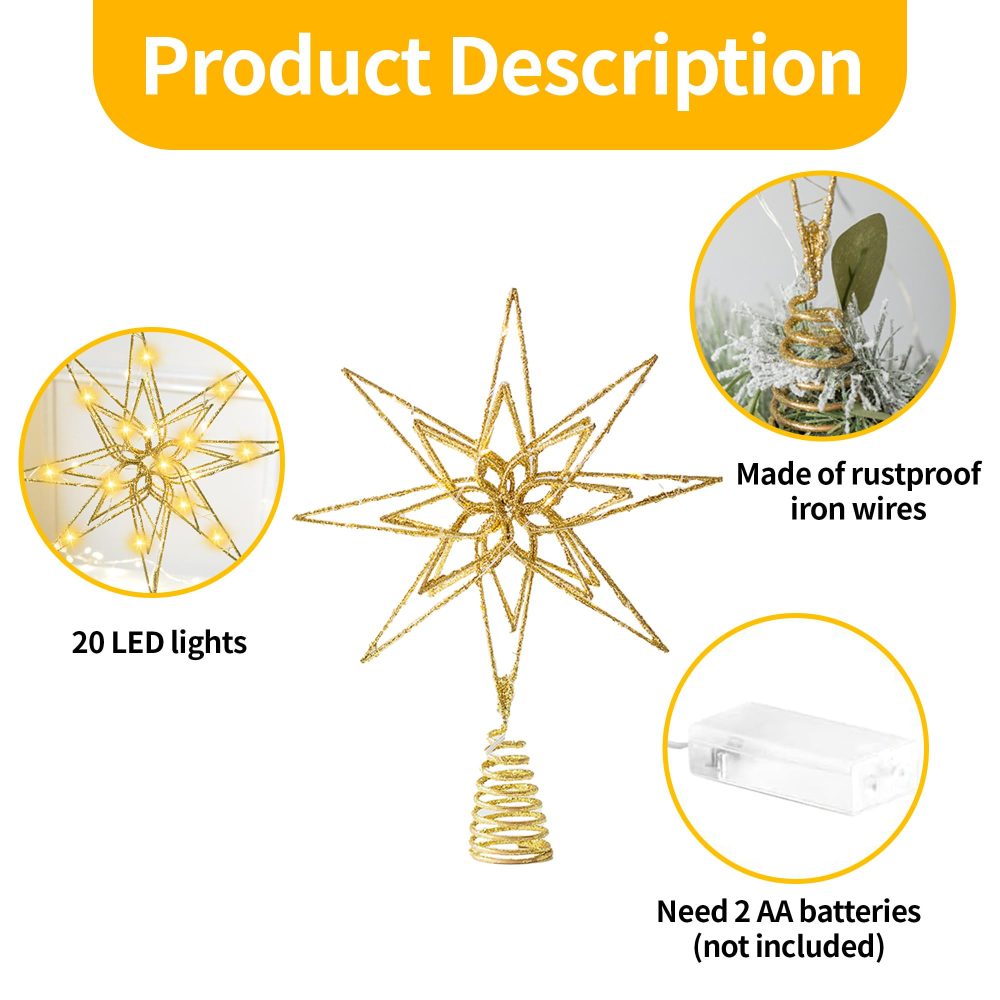 Christmas Tree Topper, Star Tree Topper, 20 LED Lights Christmas Decoration Tree Star for Indoor Office Festive Xmas New Year Holiday Tree Decorations (Gold Star) - Image 6