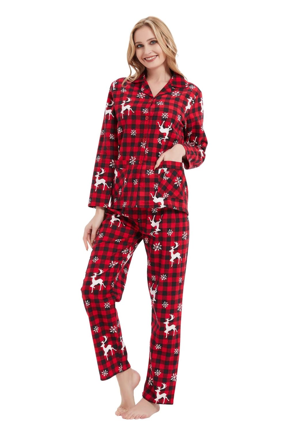 GLOBAL Pyjamas for Women Flannel Cotton Sleepwear long Ladies Pyjamas Sets Button Down LoungewearRed Checks Reindeer,L - Image 4