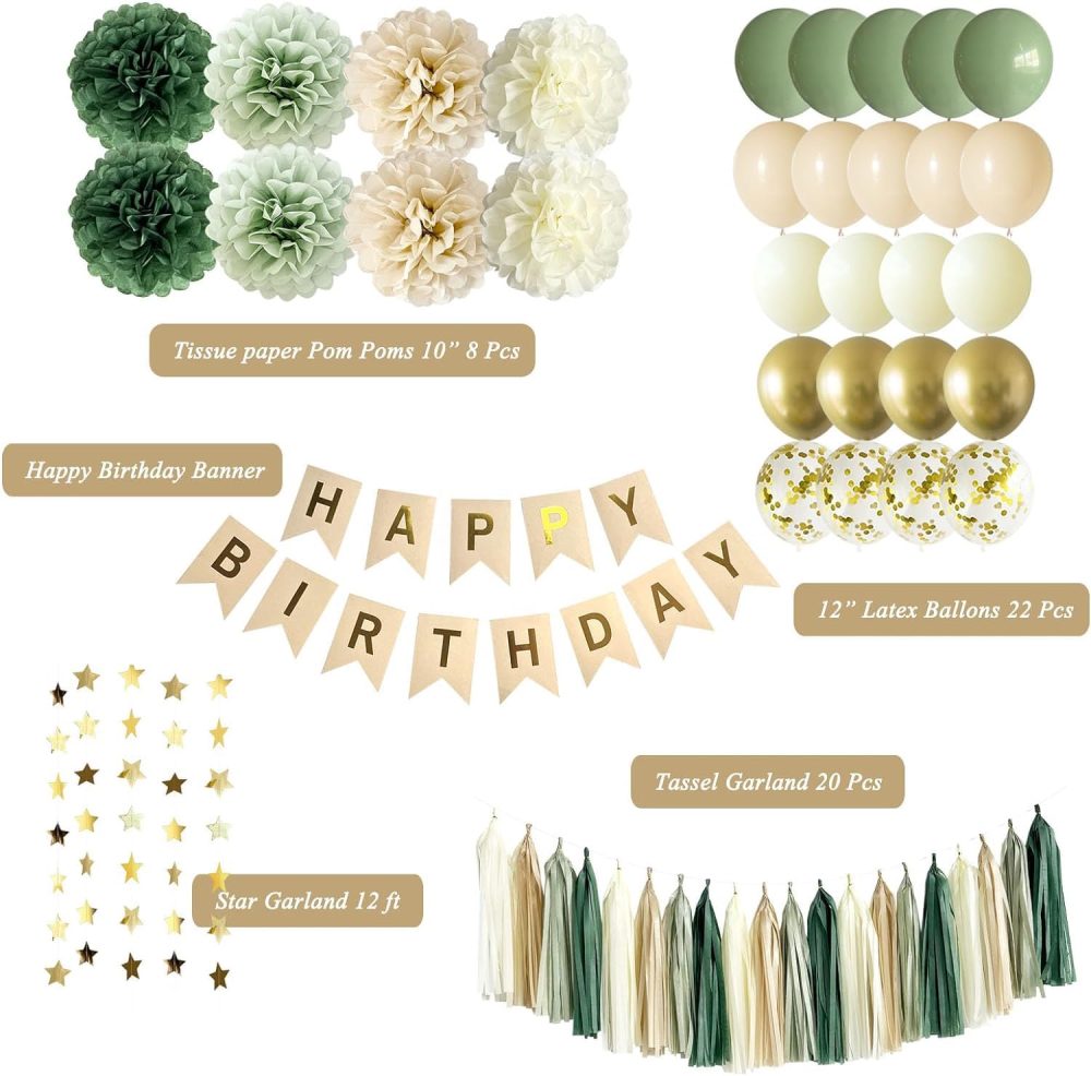 Acidea Sage Green Birthday Decorations for Girls Women, Birthday Party Decor Olive Green Balloons Garland Kit Happy Birthday Banner Greenery Gold Eucalyptus Leaves Baby Shower Backdrop Supplies - Image 7