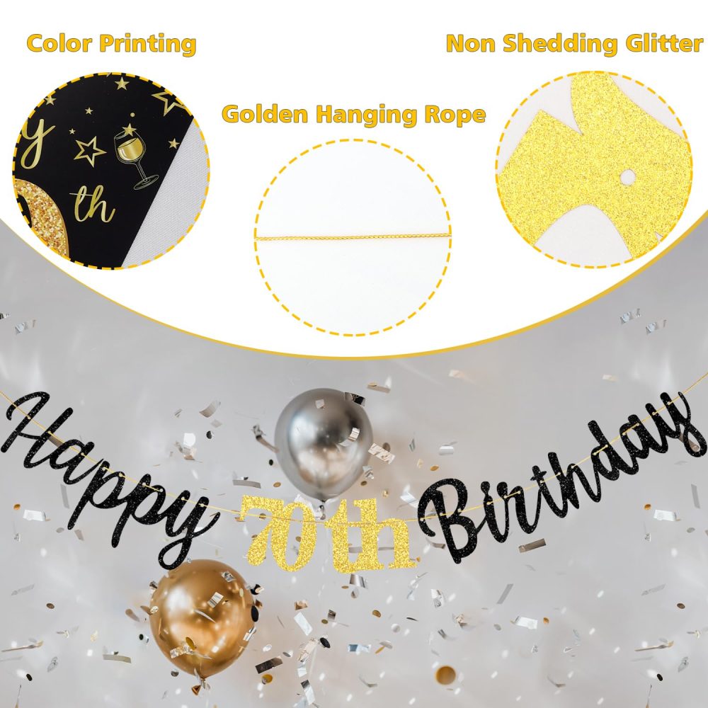 TOPWAYS 70th Birthday Decoration Banner Women Men, Black Gold 70th Birthday Decorations Happy 70th Birthday Banner for Women Men 70th Birthday Party Decorations (Birthday 70) - Image 4
