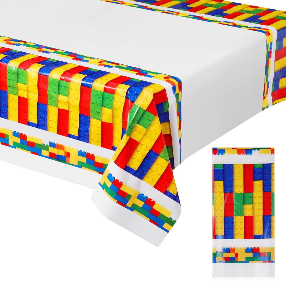 Panelee Building Blocks Party Supplies Birthday Plastic Tablecloth 70.87 x 42.5 Inches Rectangle Block Birthday Plastic Tablecover Multicolor Toy Bricks Birthday Table Cloth for Kids' Party