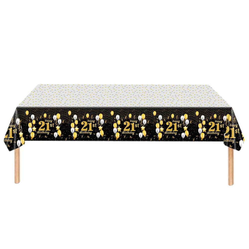 Black Gold Happy 21st Birthday Table Cloth Cover Party for Boys,Girls,Men,Women,Him,Her,137*274cm 21st Birthday Table Decorations,Rectangular Plastic Tablecloth for 21st Birthday Party Supplies Decor