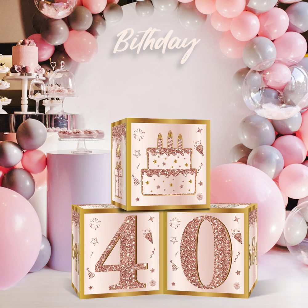 Guiruiy 3Pcs 40th Birthday Decorations Boxes for Women, Pink Rose Gold 40th Birthday Balloons Boxes Party Supplies, Pink Forty Year Old Birthday Theme Cardboard Box Decor - Image 5