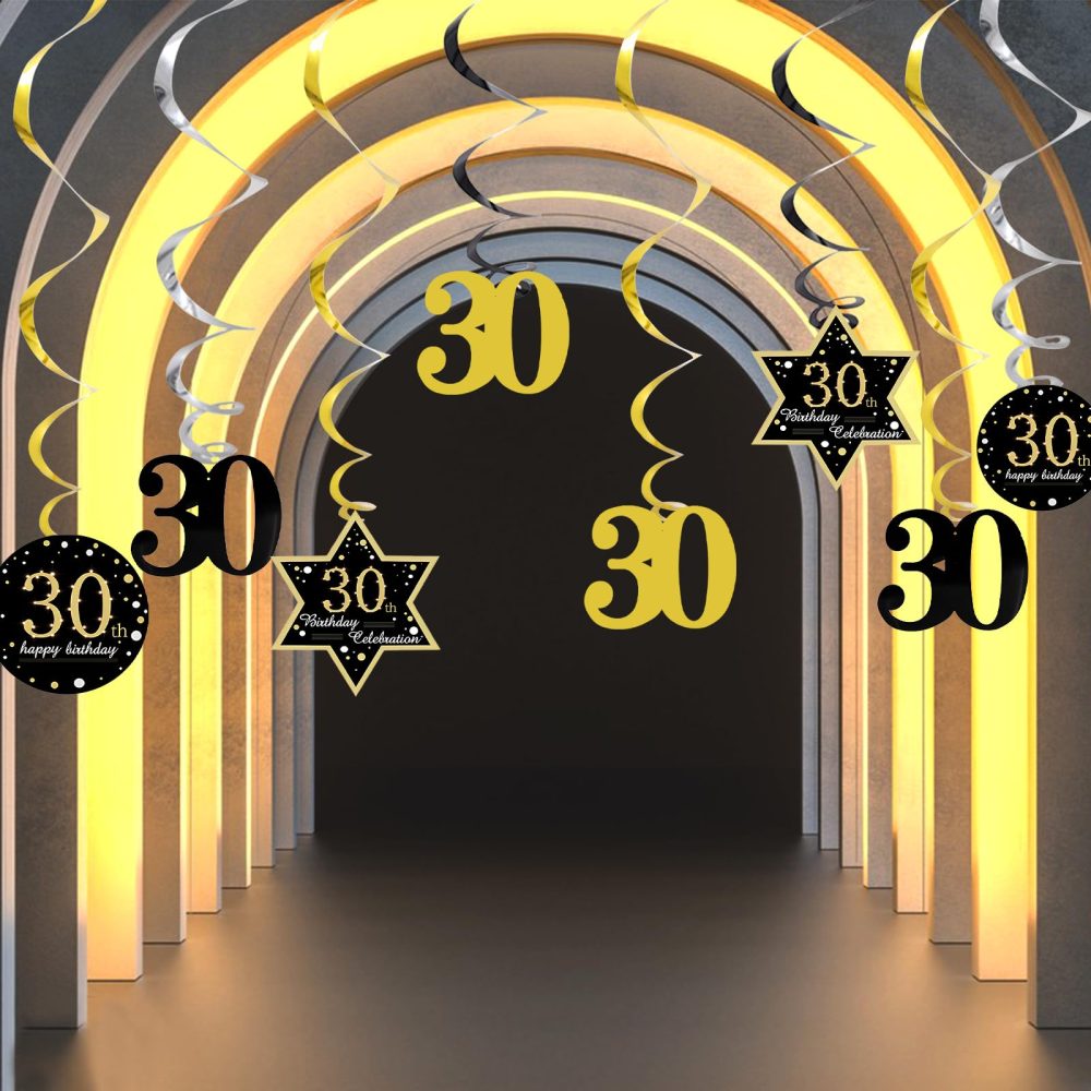 30th Birthday Party Hanging Swirls Streamers 22pcs Black Gold Birthday Streamers Supplies 30th Birthday Ceiling Decorations Spirals Set for Boy Men Birthday Anniversary Party Celebration (30TH) - Image 4