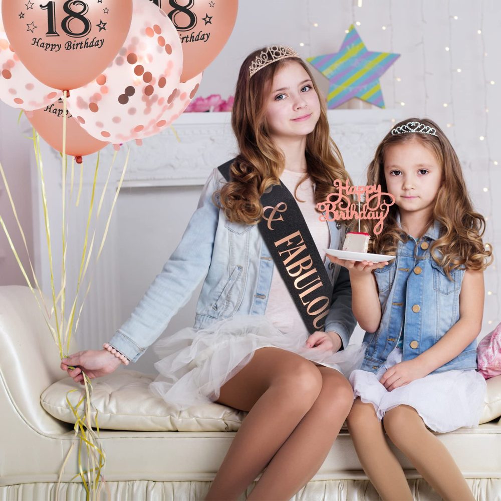 Popuppe 18th Birthday Sash and Tiara Rose Gold 18 & Fabulous Sash Rhinestone Crown Balloons Birthday Cake Topper for Girls Birthday Gift Party Decorations Supplies (Rose Black) - Image 4
