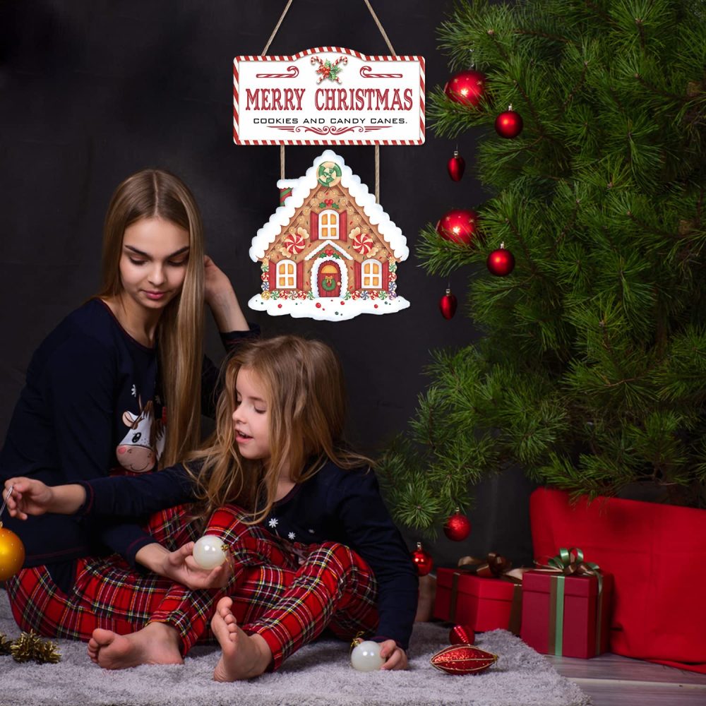 LHIUEM Merry Christmas Gingerbread House Decor for Christmas Wooden Sign Decorations (17x12inch) Xmas Candy Canes Wall Art,Winter Party Hanging Door Sign for Home Festival Porch Front Door Decor - Image 4