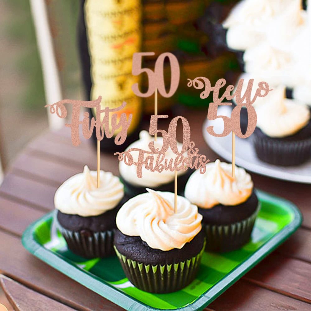 Blumomon Rose Gold Glitter 50th Birthday Cupcake Toppers Happy Birthday 50 Fabulous Cupcake Toppers Happy 50th Cake Decorations for 50th Birthday Happy 50th Theme Party Supplies - Image 3