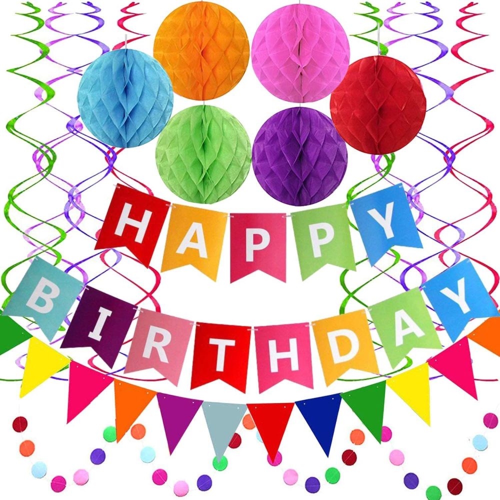 Birthday Party Decorations, Rainbow Happy Birthday Decorations Set, Happy Birthday Banner, Bunting, Metallic Hanging Swirls, Circle Parper Garland, Honeycomb Decorations Set for Girls and Womens
