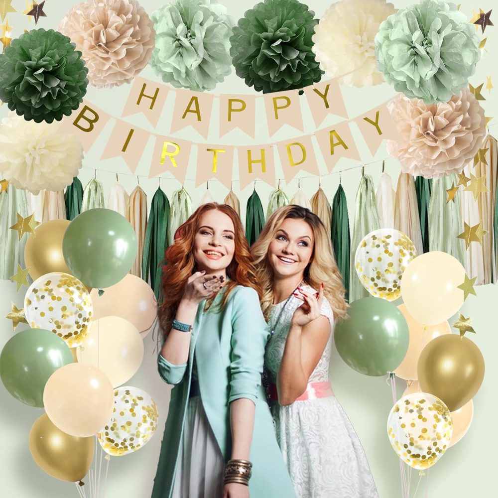 Acidea Sage Green Birthday Decorations for Girls Women, Birthday Party Decor Olive Green Balloons Garland Kit Happy Birthday Banner Greenery Gold Eucalyptus Leaves Baby Shower Backdrop Supplies - Image 2