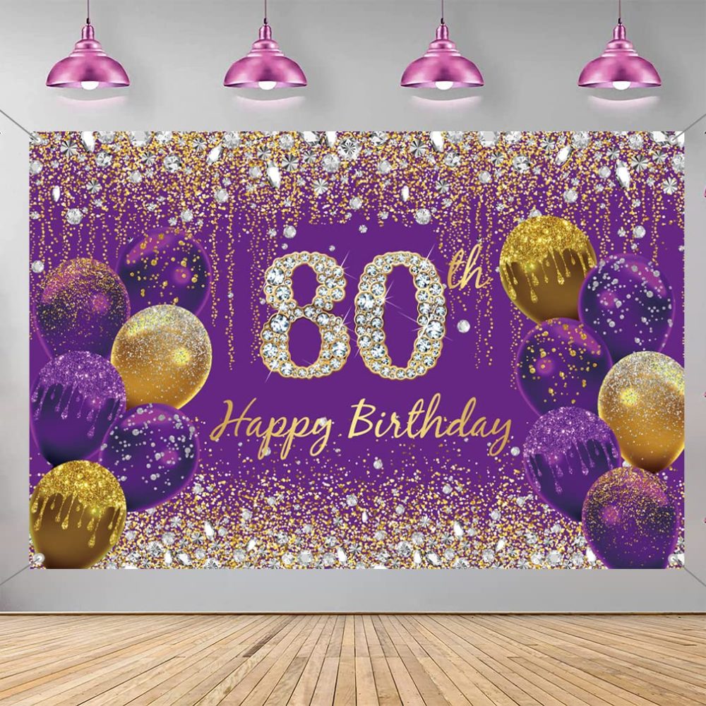 80th Birthday Decorations for Women, Purple Glitter Spots Fabric Sign Poster Birthday Party Decoration, 80th Birthday Background Banner Woman, 80th Birthday Party Decoration
