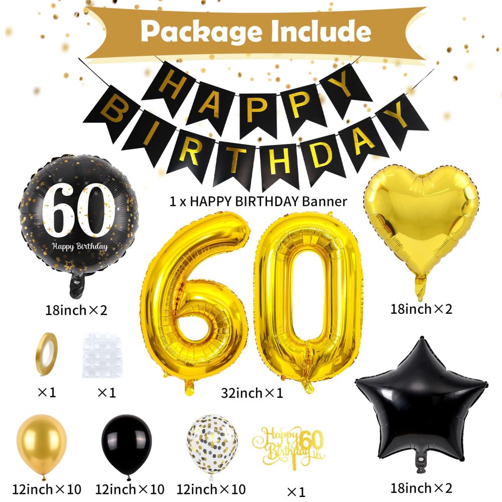 Black and Gold 60th Birthday Decorations, 60th Birthday Balloons Gold and Black 60th Party Decorations with Black Gold Balloons Happy Birthday Banner Cake Topper for Men Women 60th Birthday Supplies - Image 7