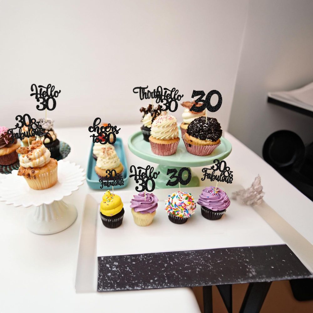 30Pcs Happy 30th Birthday Cupcake Toppers Black Glitter Thirty Cheers to 30 Birthday Cupcake Picks for Happy 30th Birthday Anniversary Party Cake Decorations Supplies - Image 2