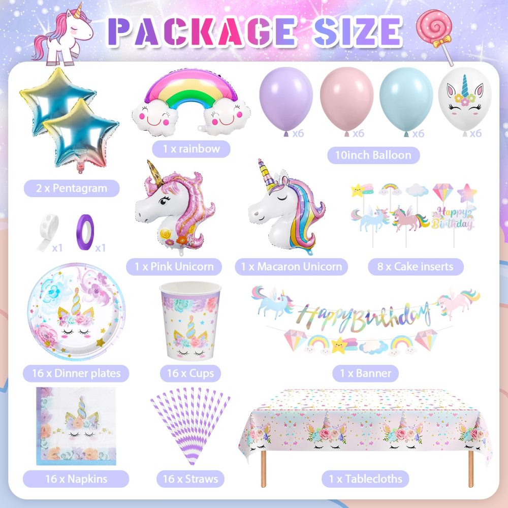 YIMAKJ Unicorn Party Tableware Set, Unicorn Birthday Decoration Set, Unicorn Party Decorations For Girls With Balloons, Tablecloths, Banner, Cake Deco, Party Plates Cups And Napkins(16 Guests) - Image 6