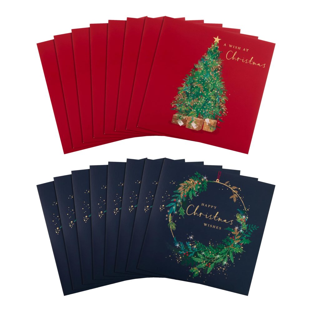 Hallmark Christmas Card, Multipack Christmas Cards, Pack of 16, 2 Designs, Christmas tree & Wreath, Charity Christmas Cards, With Envelopes - Image 5