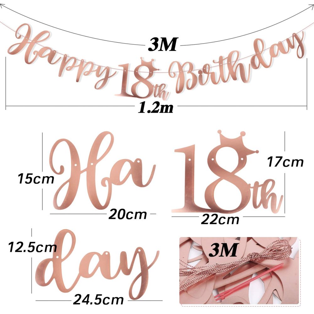 Happy 18th Birthday Banner Crown Garlands Backdrop Bunting Eighteen Years Old Anniversary Photo Booth Background DIY Party Decoration Supplies for Boys or Girls Living Room (Rose Gold) - Image 5