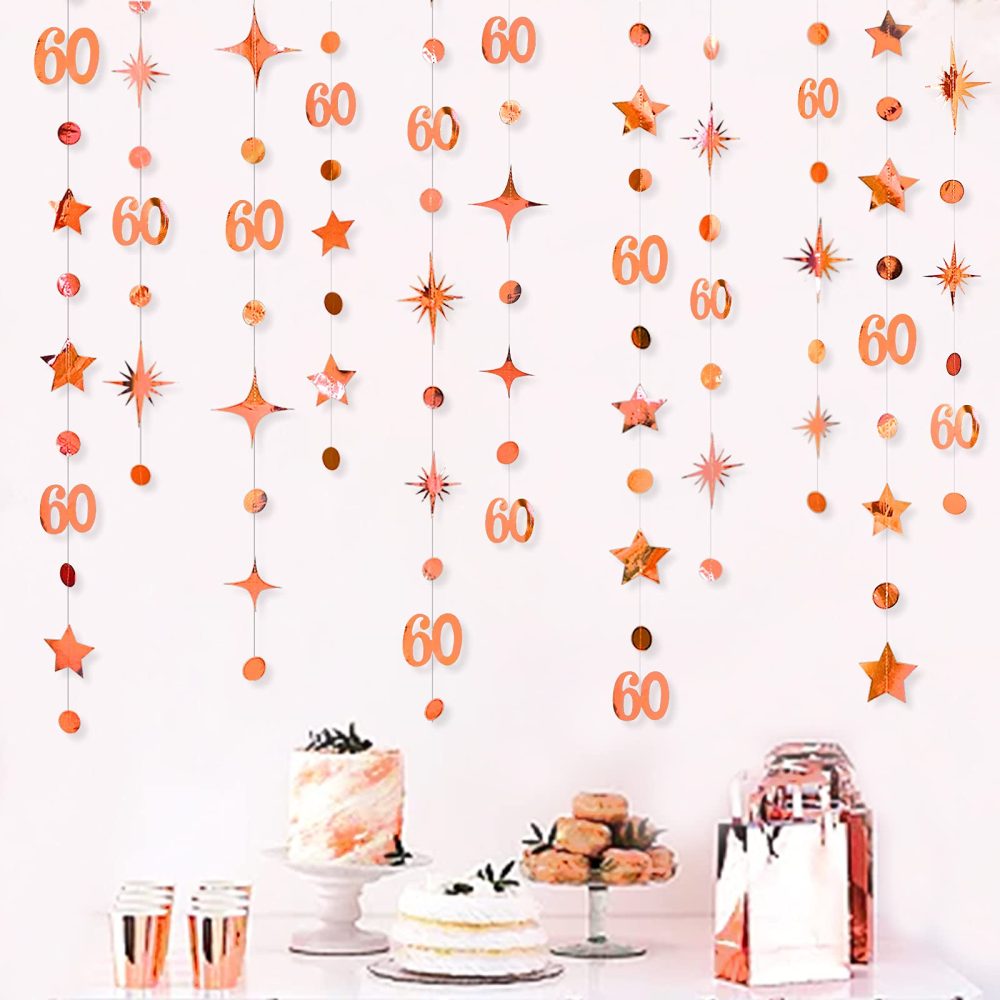 pinkblume Rose Gold 60th Birthday Decorations Number 60 Circle Dot Star Garland Metallic Hanging Streamer Bunting Banner Backdrop 60 Year Old Happy Birthday 60th Anniversary Sixty Party Supplies