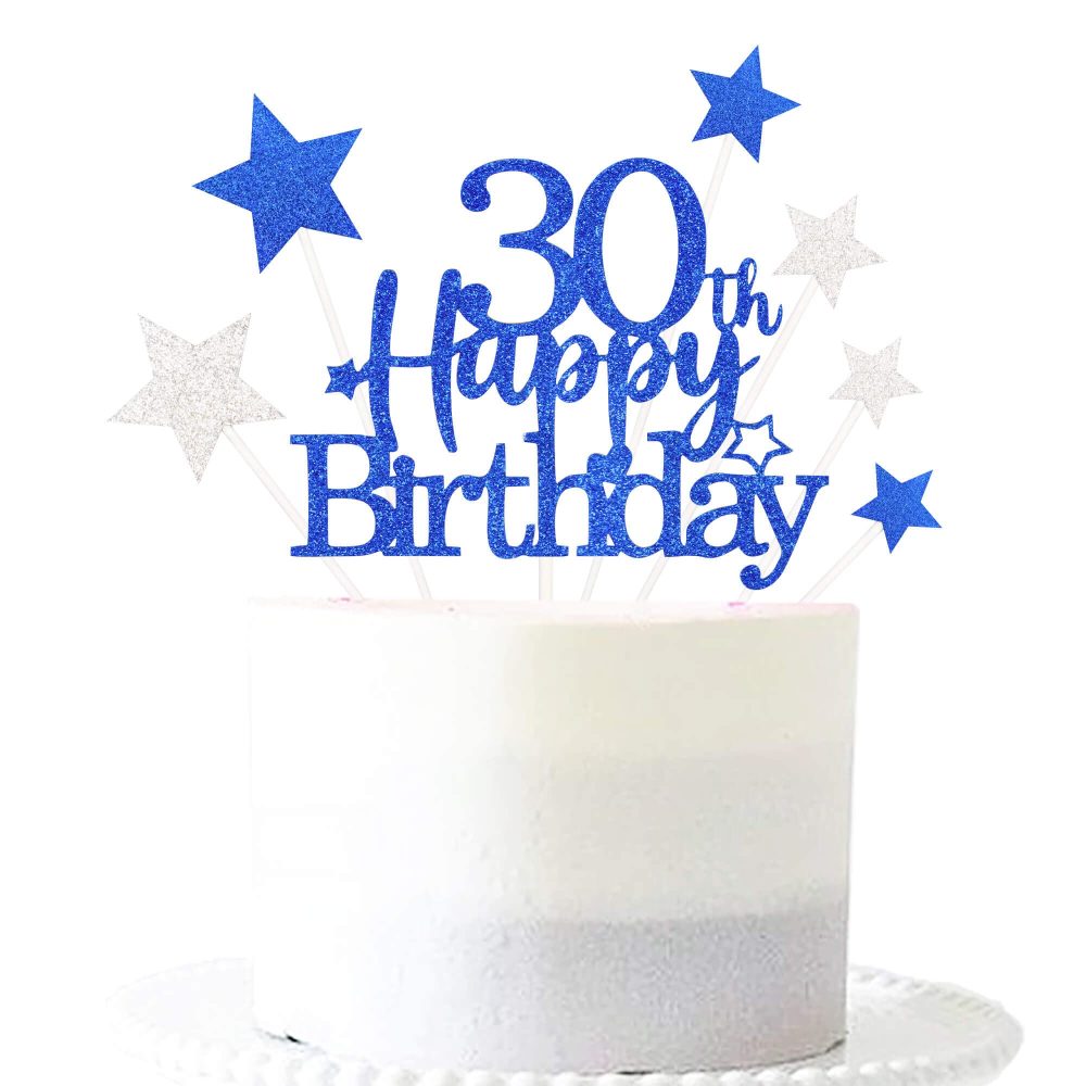 Glittery 30th Cake Topper with Star men women 30 Birthday Party Supplies, Thirty Years Old Birthday Party Decorations Royal Blue