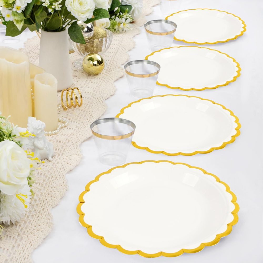 AHPYEUHK 50 Pcs White Paper Plates 7 Inch Birthday Decorations Dinnerware Lace Gold Dessert Plates for Birthday Wedding Party Supplies Tableware - Image 5