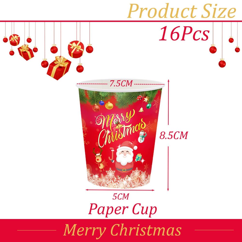 YAAVAAW 16Pcs Christmas Party Paper Cups,Merry Christmas Tableware Decor Red Santa Snowman Elk Pattern Disposable Paper Cups Xmas Dinner Cups for Birthday Christmas Party Supplies Table Decorations - Image 6