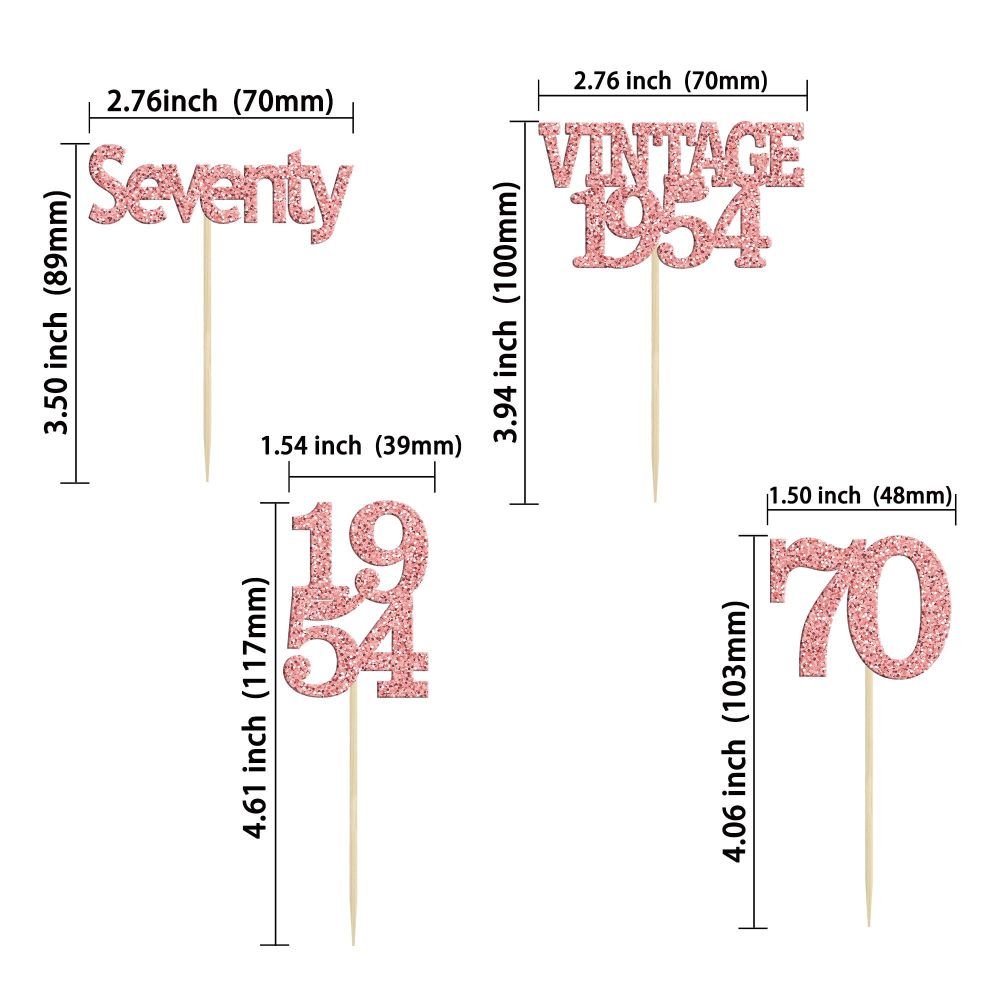 Gyufise 24Pcs 70th Birthday Cupcake Toppers Glitter Cheers to 70 Fabulous Seventy Vintage 1954 Cupcake Picks 70th Birthday Wedding Anniversary Party Cake Decorations Supplies Rose Gold - Image 7