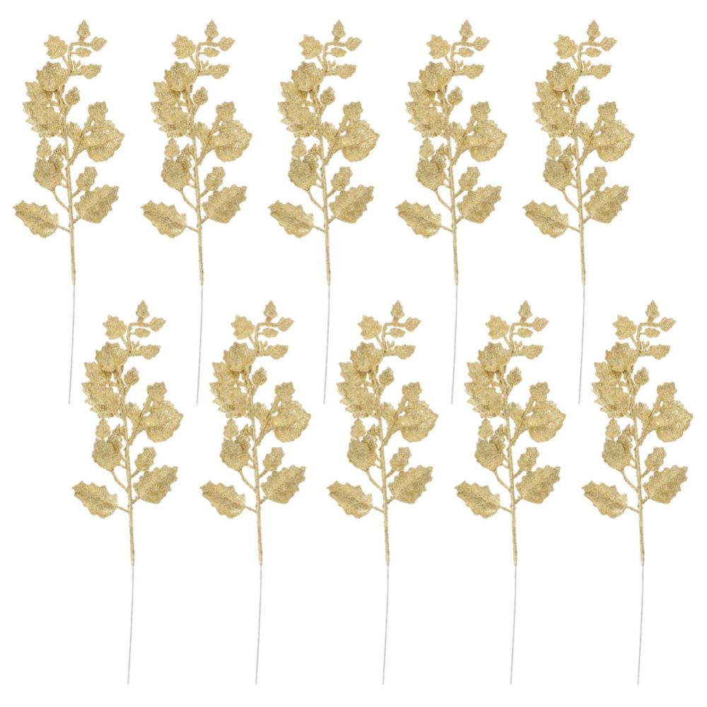 NUOBESTY 10Pcs Chinese Glitter Leaves Picks Sprays Artificial Holly Leaves Picks Stems Wired Twig Stem Fake Bunch for DIY Garland Holiday Wreath Ornament (Golden)