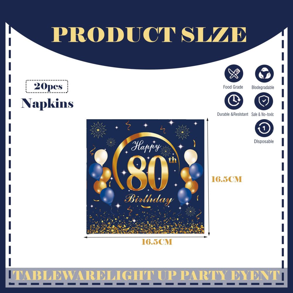 COSORO 20pcs Navy Blue Gold 80th Napkins Serviettes,Happy 80th Birthday Paper Serviettes Napkins for Men Women 80th Birthday Table Decorations,80th Birthday Party Tissue 80th Table Napkins for Him Her - Image 6