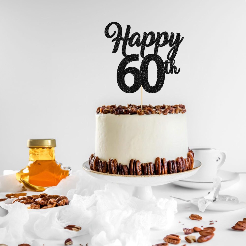 3Pcs Happy 60th Cake Topper Black Glitter Number 60 Sixty Birthday Cake Pick Decorations for Cheers to 60 Years Old 60th Birthday Wedding Anniversary Party Supplies - Image 4