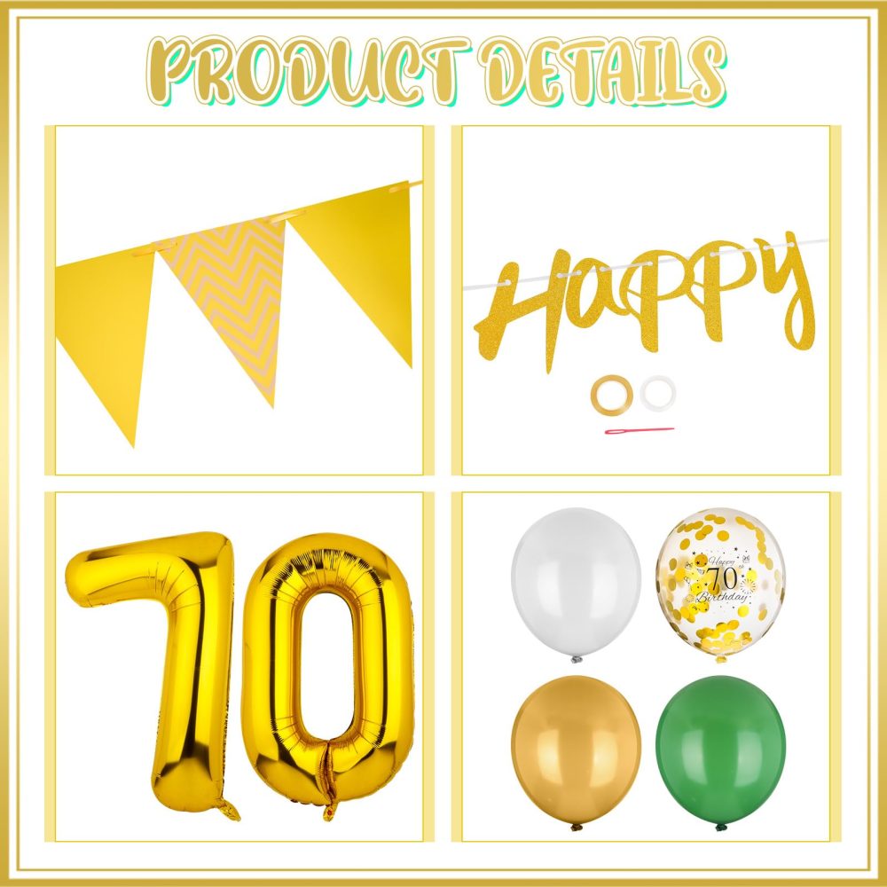 GSrenyu 70th birthday decorations, Gold and Green Birthday Party Decorations Set With Happy 70th Birthday Banner, Number 70 Balloon Triangle Flag Latex Balloons Confetti Cake Topper for Men Women 70th - Image 7