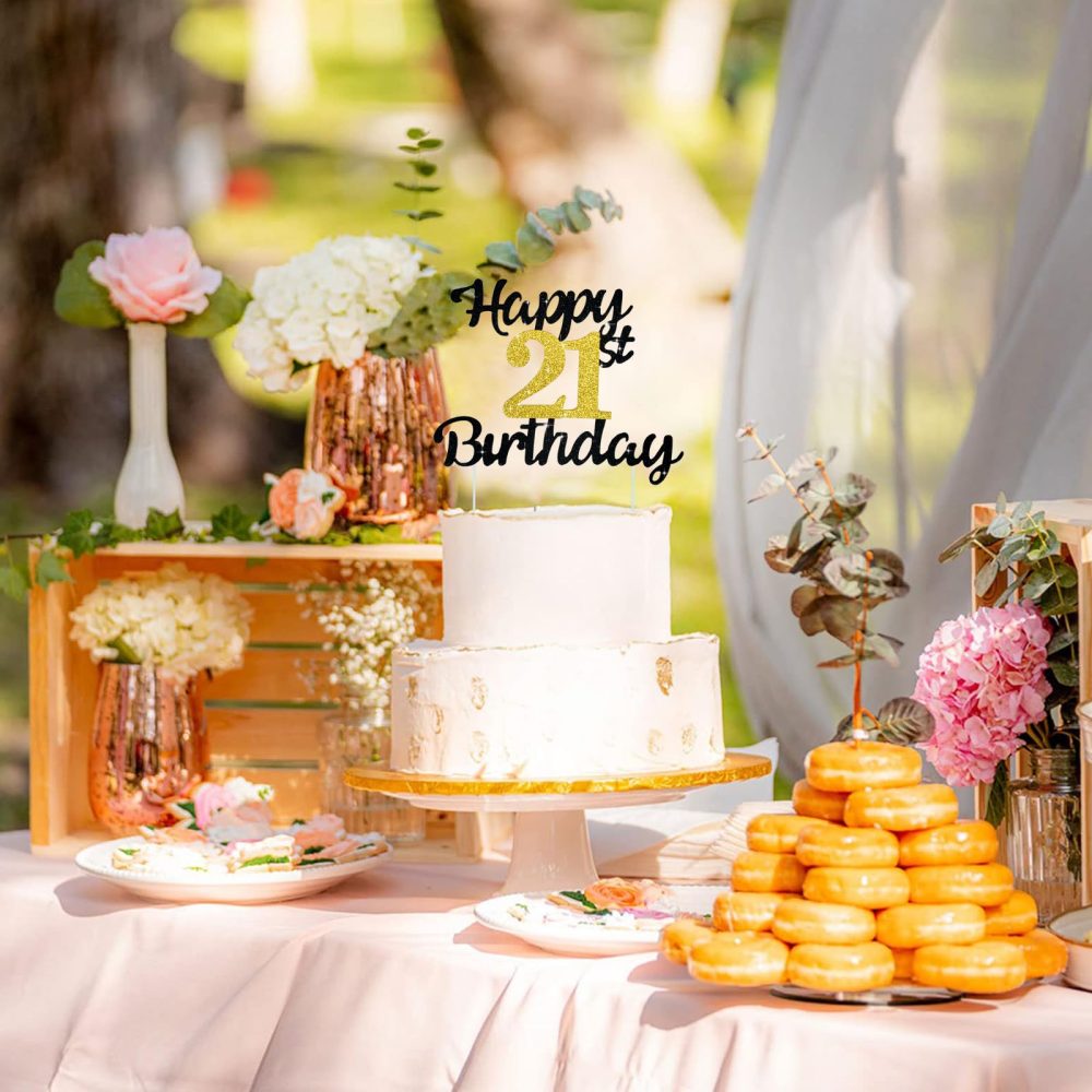 BEISHIDA 21th Happy Birthday Cake Topper, Black Gold Birthday Cake Decoration 21th Birthday Decorations for Men Women for 21th Birthday Anniversary Party Decorations Supplies - Image 2