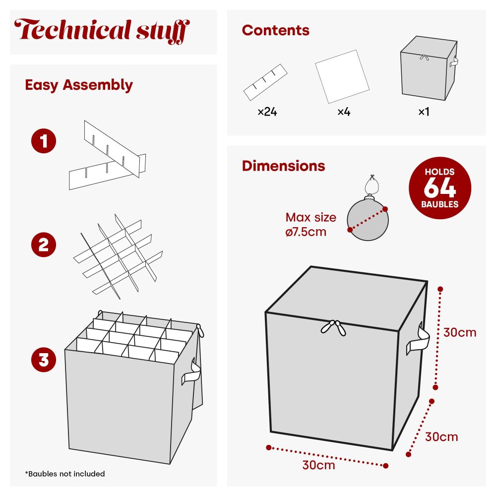 Christmas Village Bauble and Decoration Storage Cube with Padded Dividers for 64 Xmas Ornaments – Heavy Duty Folding 4 Layer Holder with Separators, Zipped Lid and Handles (Red) - Image 2
