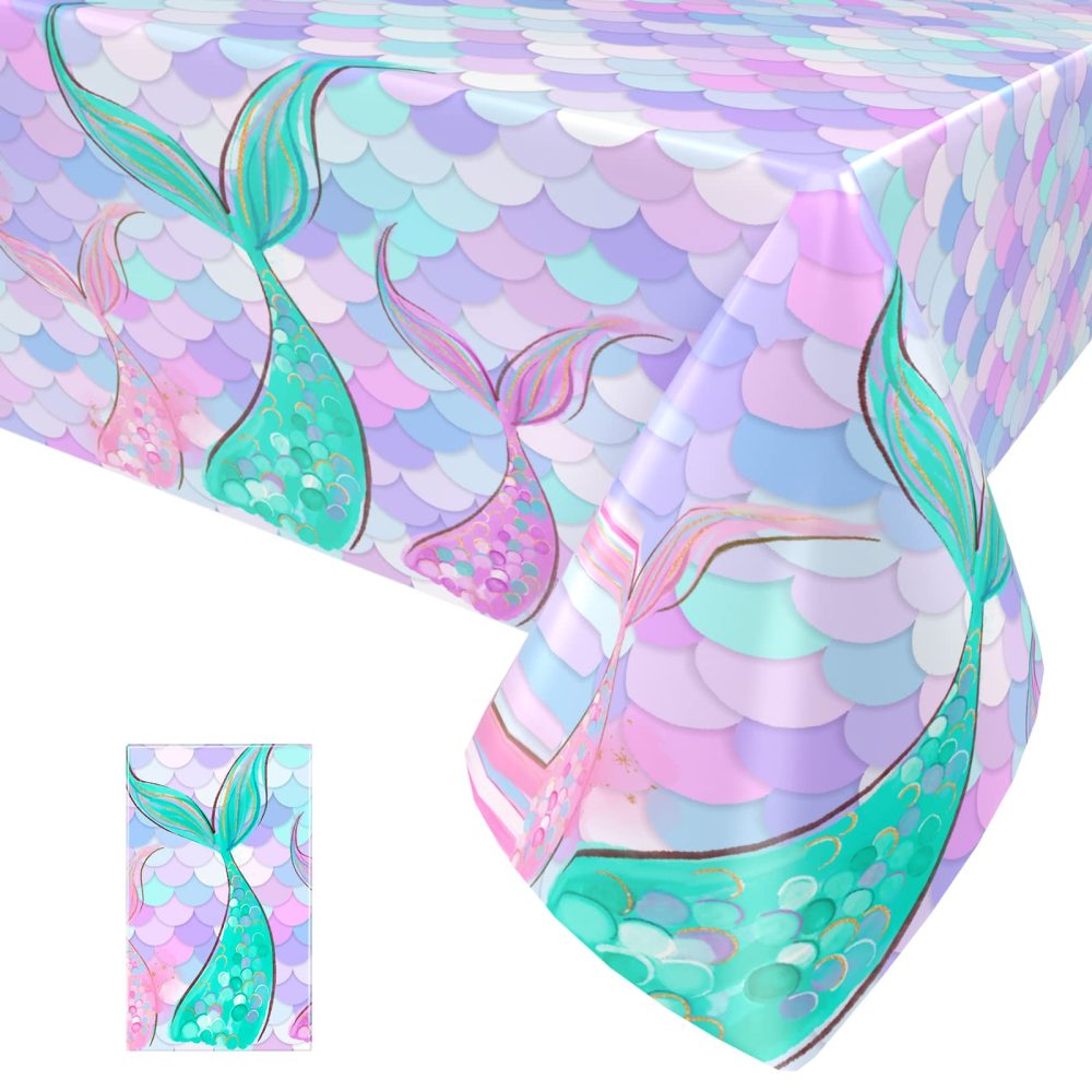 Paready 1 Pack Mermaid Tablecloth, Mermaid Table Cloths for Parties, Mermaids Table Cover for Girls Princess Birthday, Baby Shower Tablecloths for Kids Girl Sea Themed Party Supplies, 54" x 108"