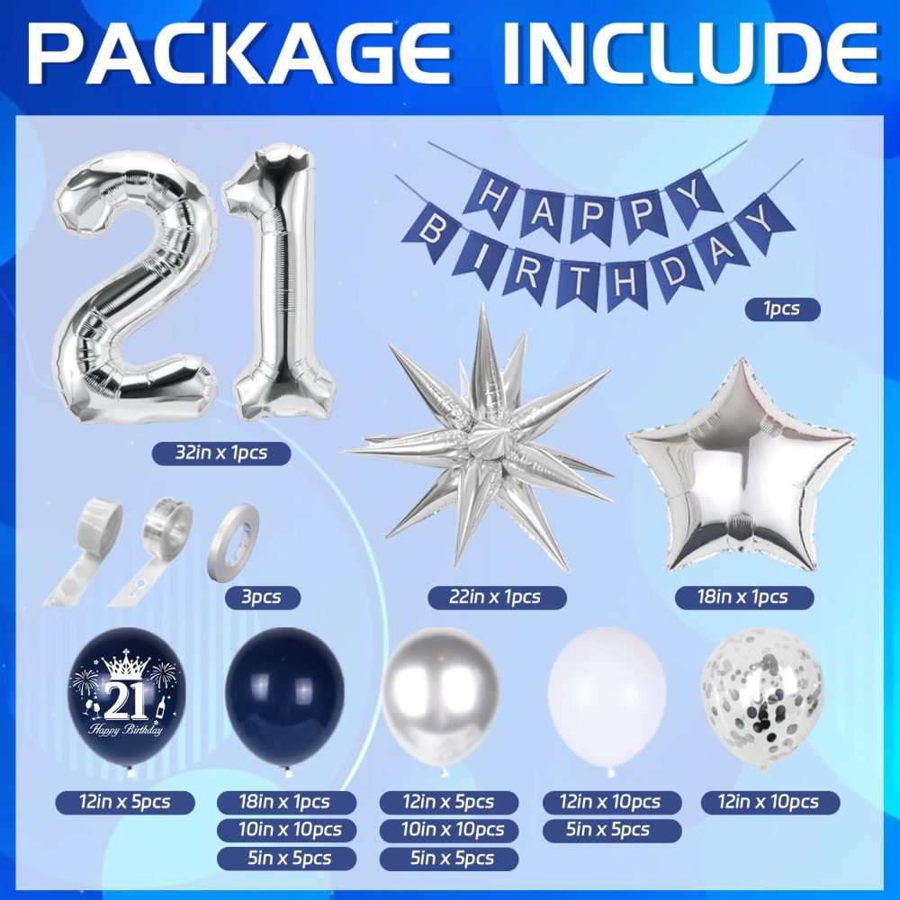 21st Birthday Decorations Blue Silver Balloons Arch Kit with 21 Number Star Foil Confetti Balloon Happy Birthday Banner Navy Blue and Silver Party Decor for 21st Boys Girls Men Women Anniversary - Image 7