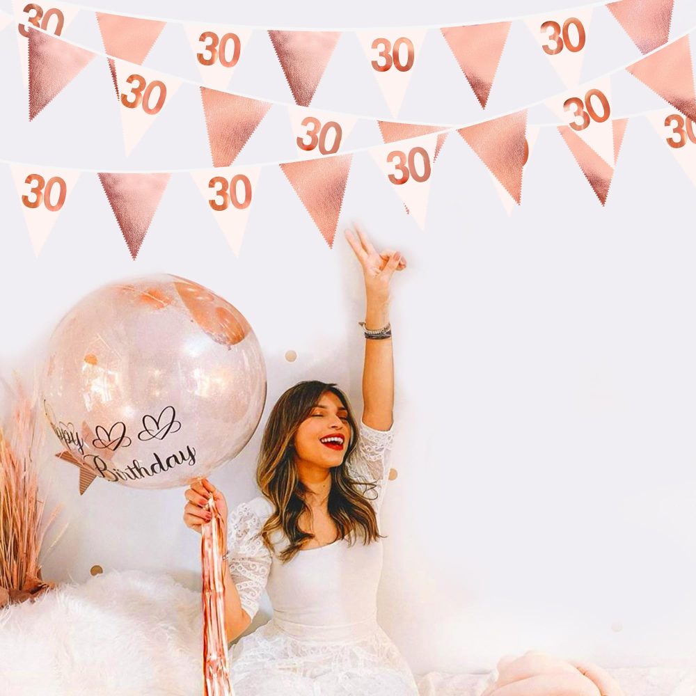 26FT Rose Gold 30th Birthday Party Decorations Pink Fabric Pennant Banner Garland Streamers for Womens 30 and Fabulous Birthday Cheers to 30 Years Anniversary Home Outdoor Garden Decor Supplies - Image 6