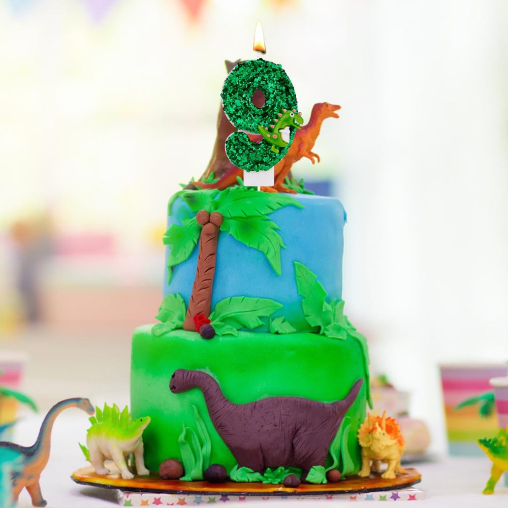 Dinosaur Birthday Candle, Green Sequin Birthday Candle Number Candle 3D Dinosaur Cake Candle Cake Topper Candle for Birthday Party Dinosaur Theme Party Decorations (9) - Image 3