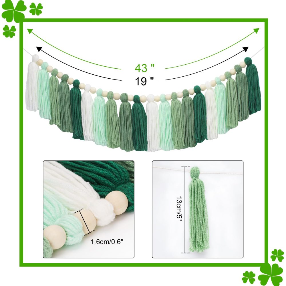 G2PLUS Green Tassel Garland, Tassel Banner with 20PCS Green Tassels, Wall Tassle Decoration Bunting with Wood Beads for St Patrick's Day,Kid's Bedroom, Spring Party Decor - Image 6