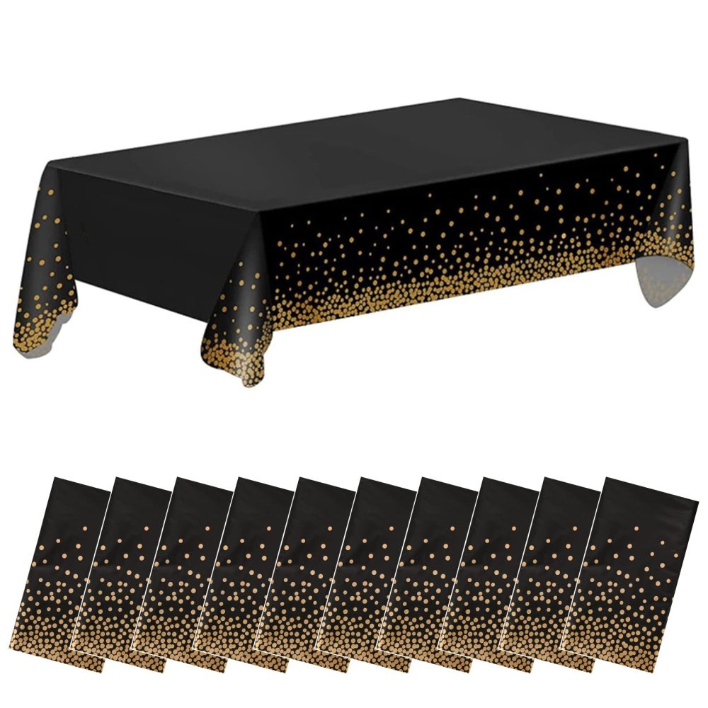 10 Pack Black Gold Dot Tablecloths Black and Gold Table Cover 137 x 274cm Plastic Rectangle Table Cover for Black and Gold Party Birthday Shower Anniversary Dining Table Decorations