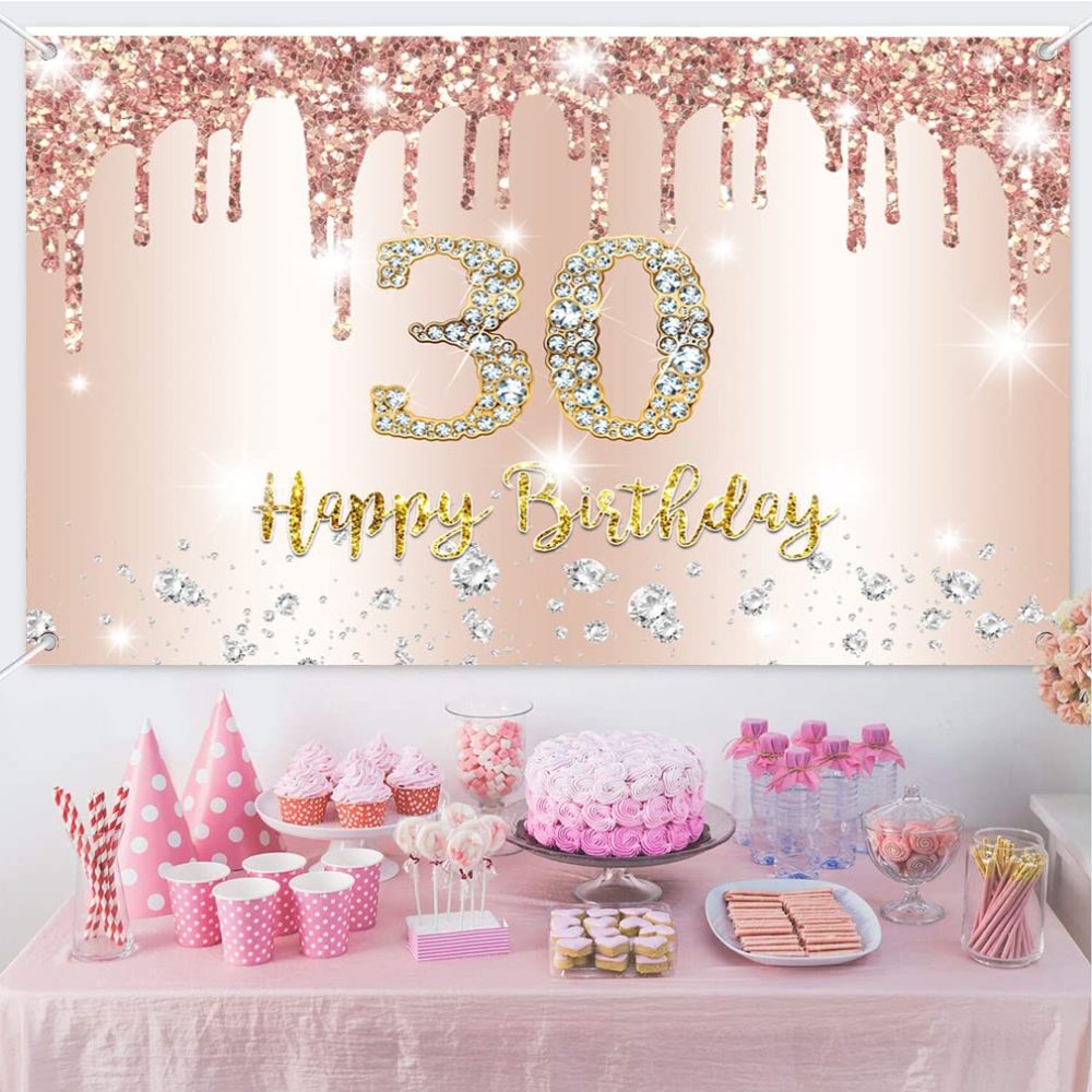 Happy 30th Birthday Decorations Backdrop Banner for Women Happy 30 Years Old Party Fabric Sign Poster Woman Birthday Rosegold Photography Background 30th Birthday Party Supplies, 150x90cm - Image 3