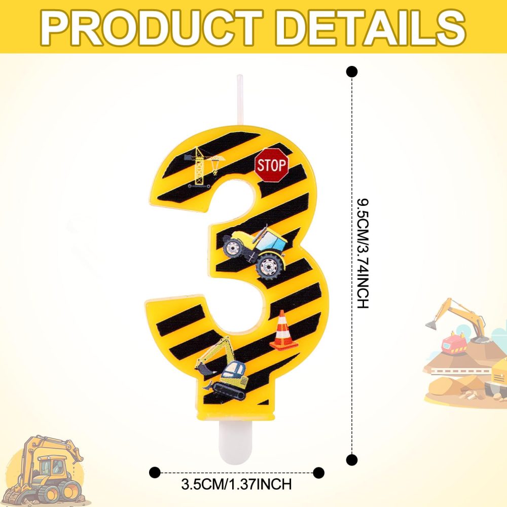 Construction Birthday Candle, Happy Birthday Candles Numbers Construction Cake Topper Yellow and Black Striped Candles for Boys Construction Birthday Party Supplies Decorations (Number 3) - Image 6