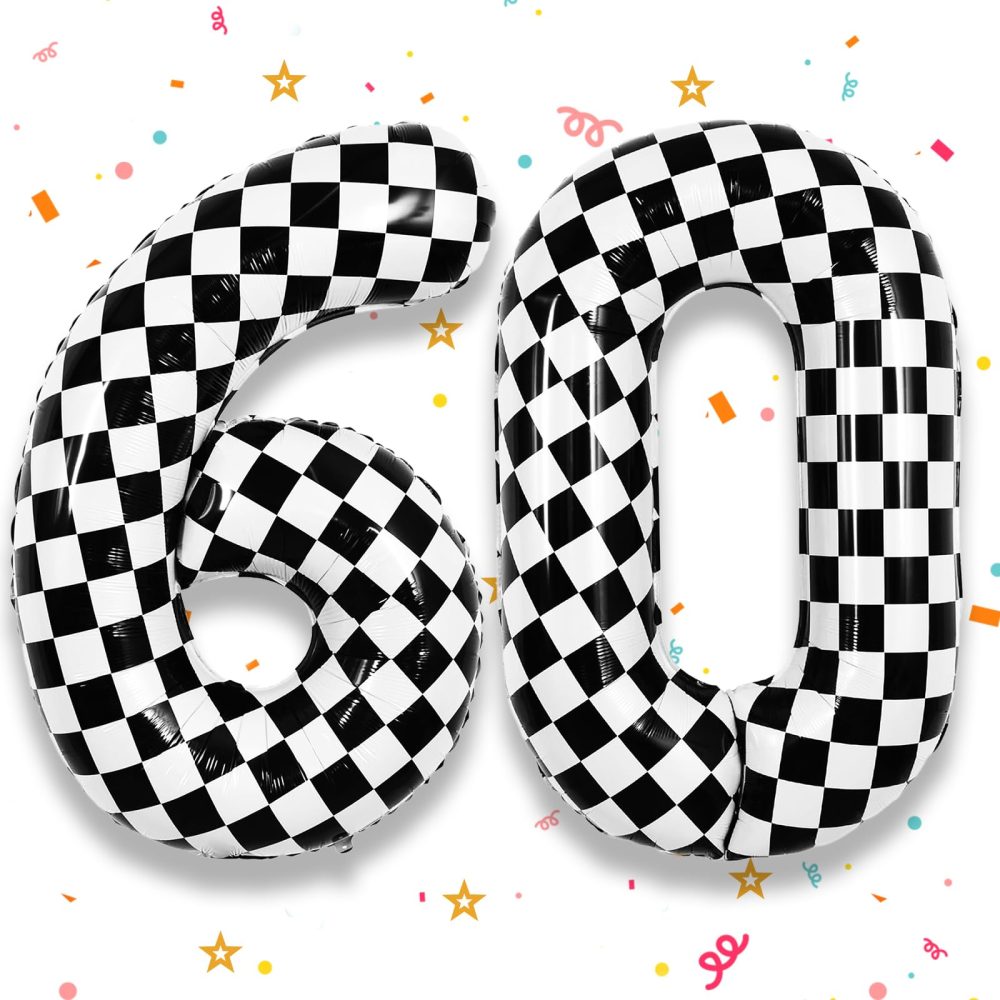 TNYKER Checkered Number 60 Balloon, Black and White 60th Birthday Balloons Foil Helium Checkered Flag Balloons, 40 Inch Racing 60 Balloon for Men 60th Racing Themed Birthday Party Decorations Supplies