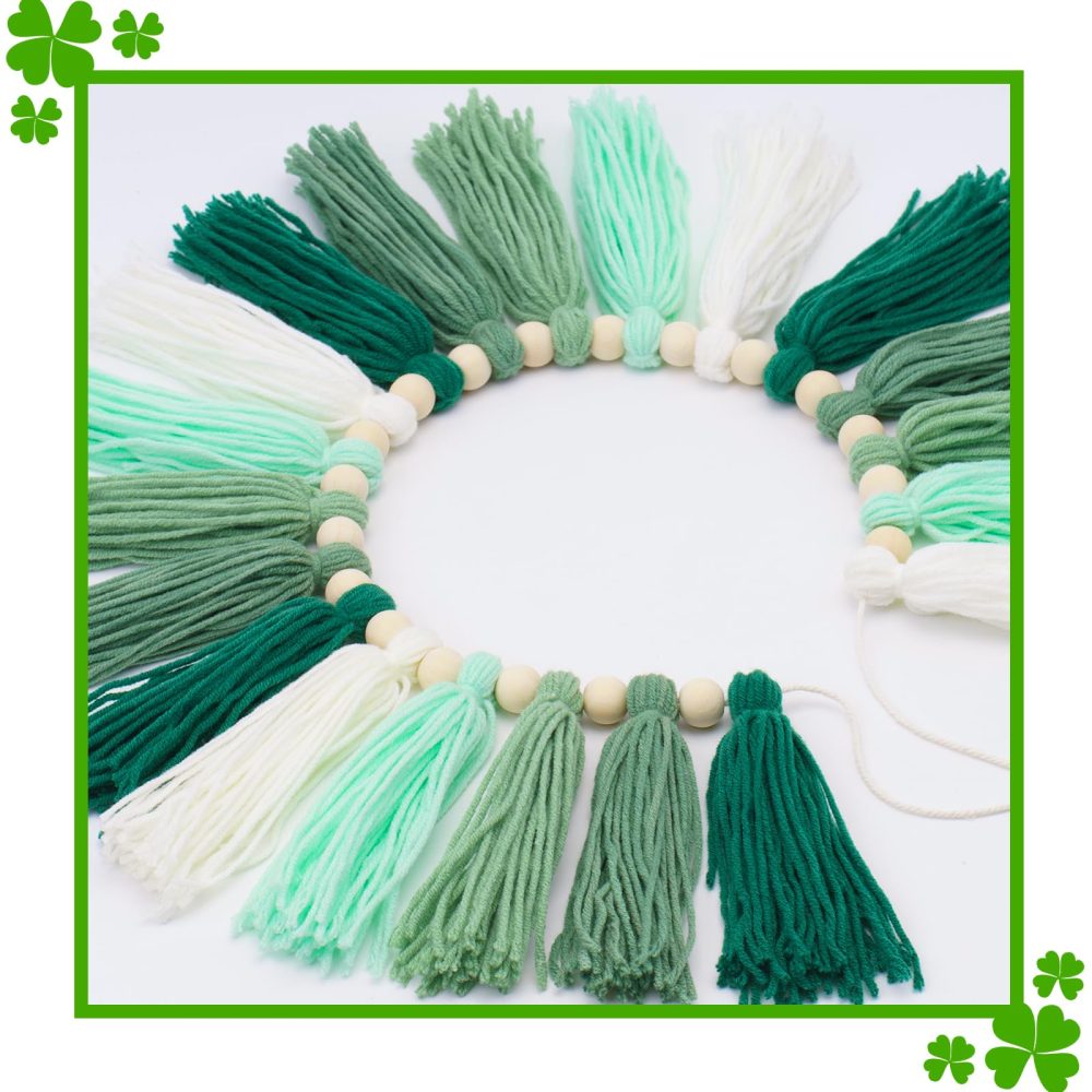 G2PLUS Green Tassel Garland, Tassel Banner with 20PCS Green Tassels, Wall Tassle Decoration Bunting with Wood Beads for St Patrick's Day,Kid's Bedroom, Spring Party Decor - Image 4